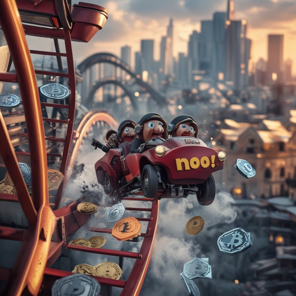 Altcoin Price Watch: A cartoon rollercoaster with crypto coins screaming and screaming "NOOO!"
