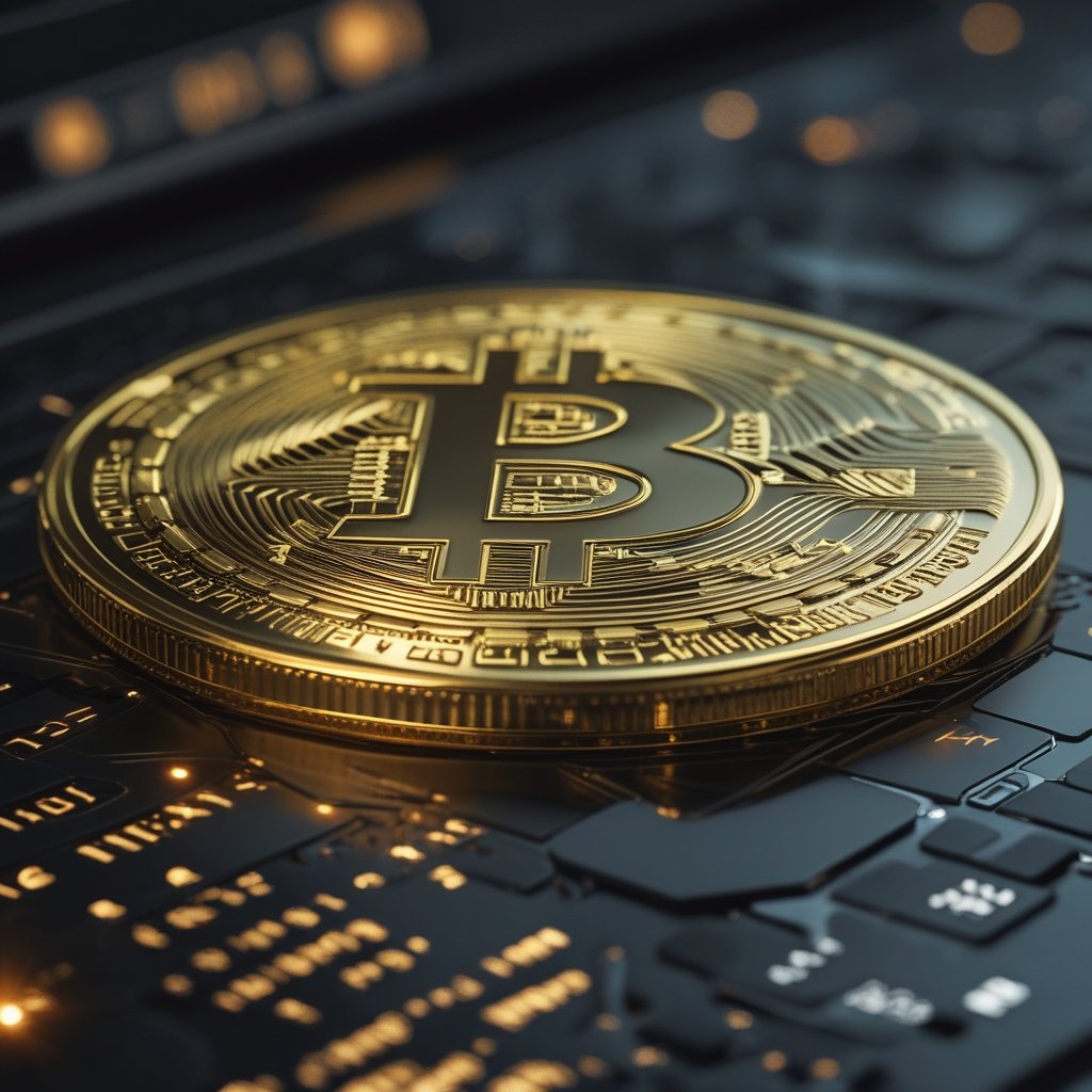 BTC $96K: Bitcoin as a gold coin on a digital screen