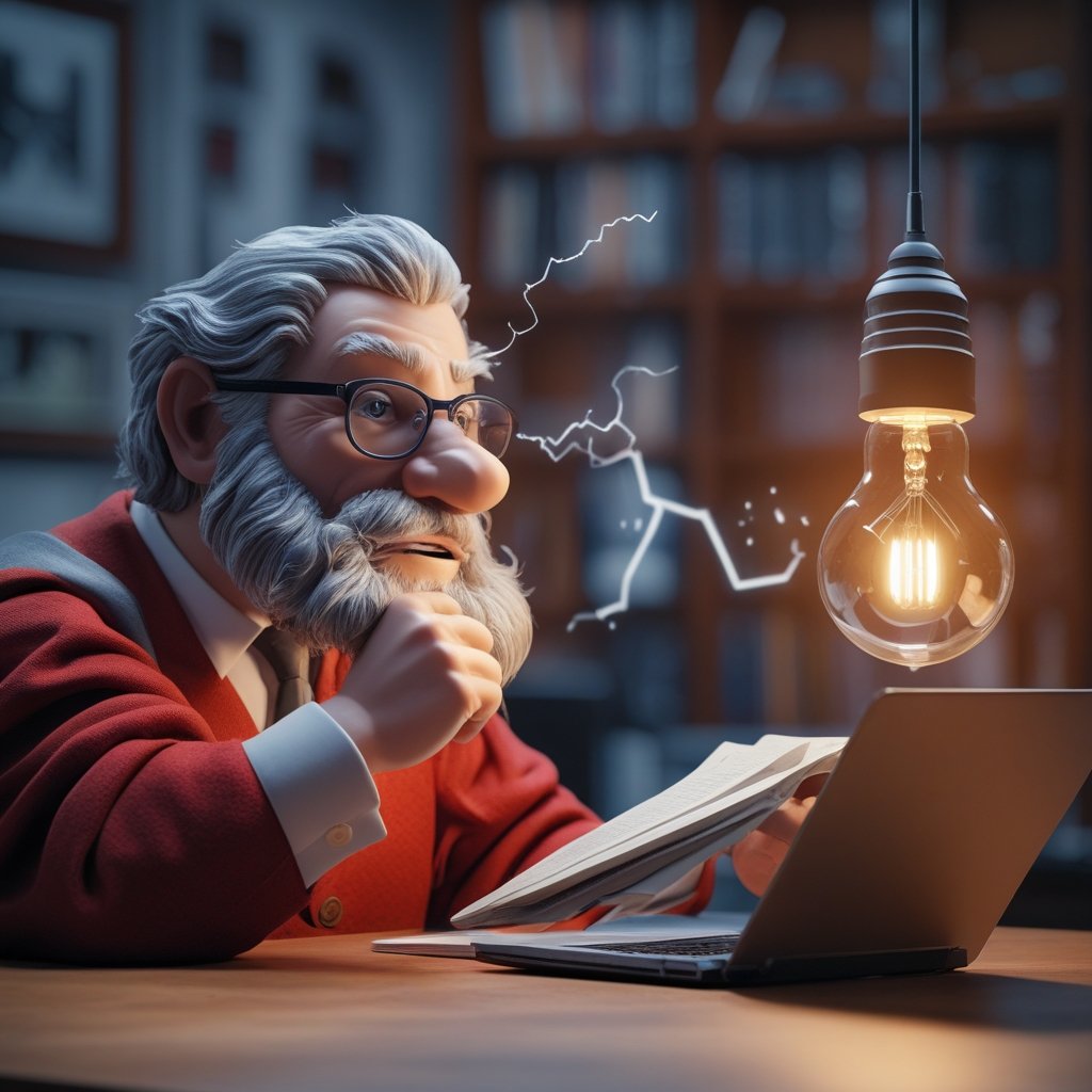 Bitcoin ETF: a cartoon Harvard mascot, John Harvard, thinking deeply with a lightbulb above his head