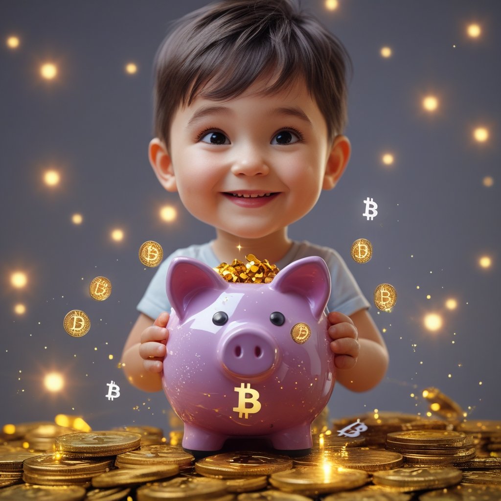 Bitcoin ETF: a cheerful cartoon child holding a shiny piggy bank filled with gold coins and sparkly Bitcoin symbols