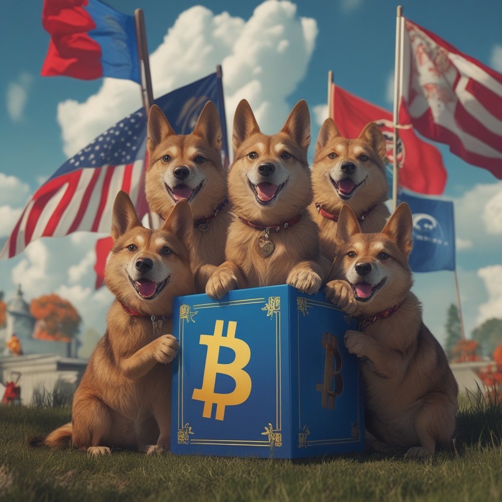 Bitcoin ETF: a group of cartoon schools holding paws with a Bitcoin ETF box, with states like Michigan and Wisconsin waving flags in the background