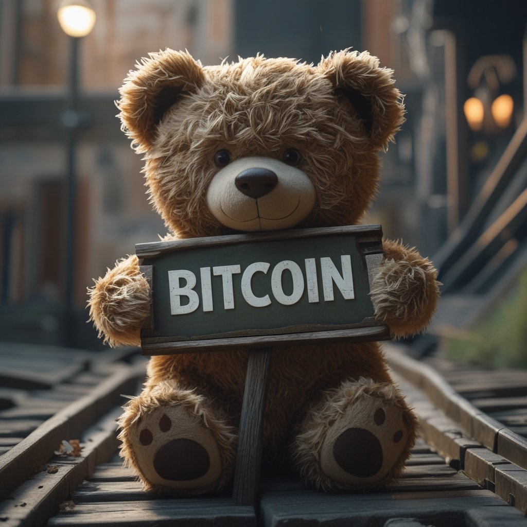 Bitcoin ETF: a worried teddy bear holding a roller coaster sign labeled ‘Bitcoin’ with scary up-and-down tracks