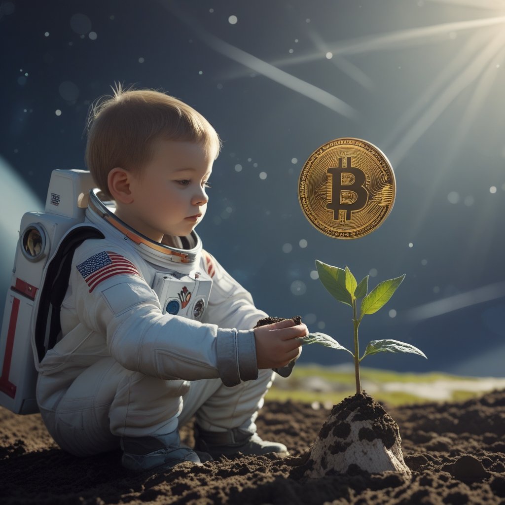 Bitcoin ETF investment: a child planting a seed next to a spaceship holding a coin