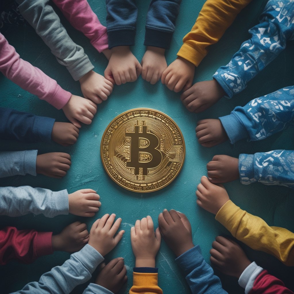 Bitcoin ETF investment: a line of children holding hands in a circle with a Bitcoin in the middle