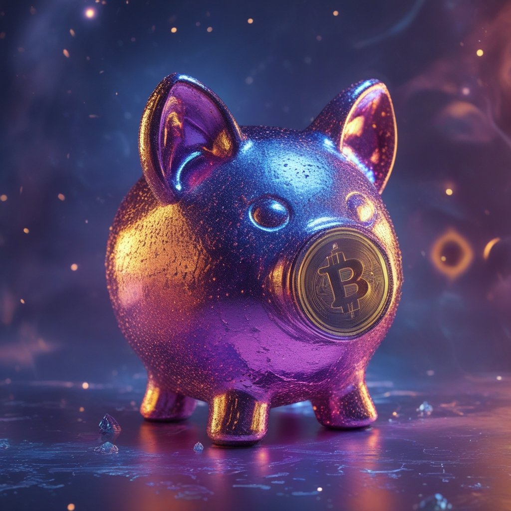 Bitcoin ETFs: a colorful piggy bank with Bitcoin symbols