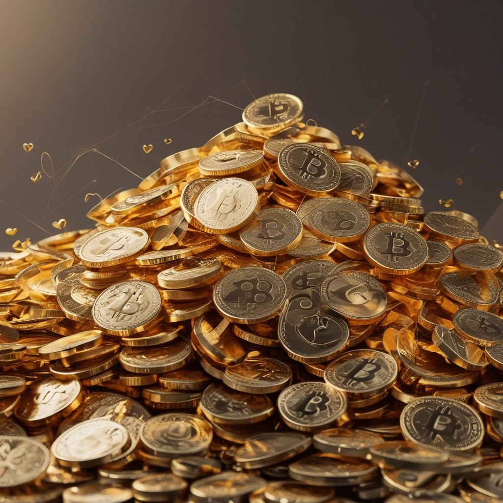 Bitcoin Flash Crash: a mountain of gold coins with tiny hearts on them