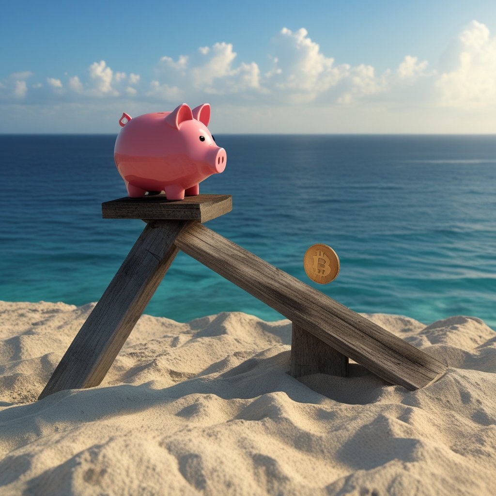 Bitcoin Flash Crash: a seesaw with a piggy bank on one end and a big blue ocean on the other