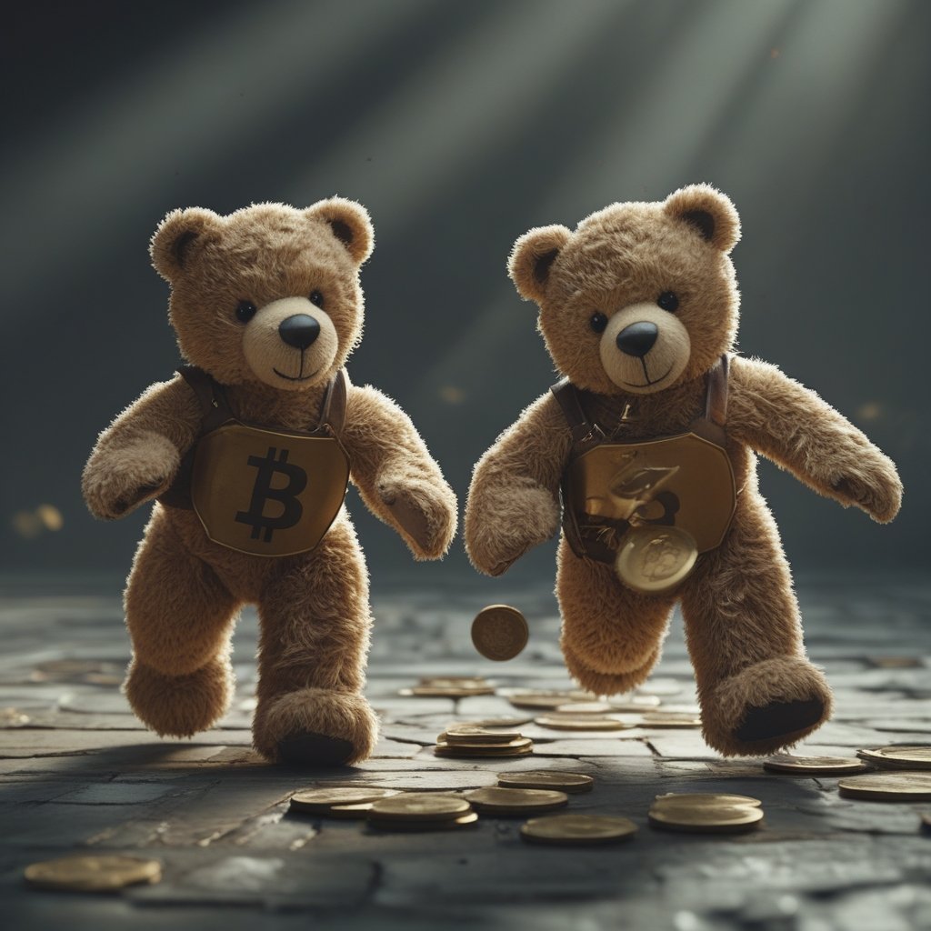 Bitcoin Flash Crash: two teams of teddy bears playing tag, one running to grab coins