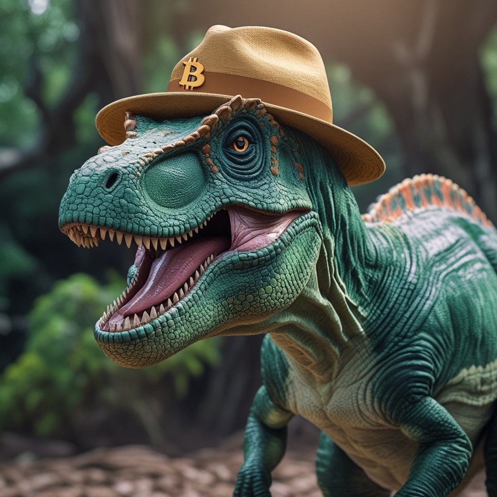 Bitcoin Gen-Z Adoption: A friendly dinosaur wearing a Bitcoin hat