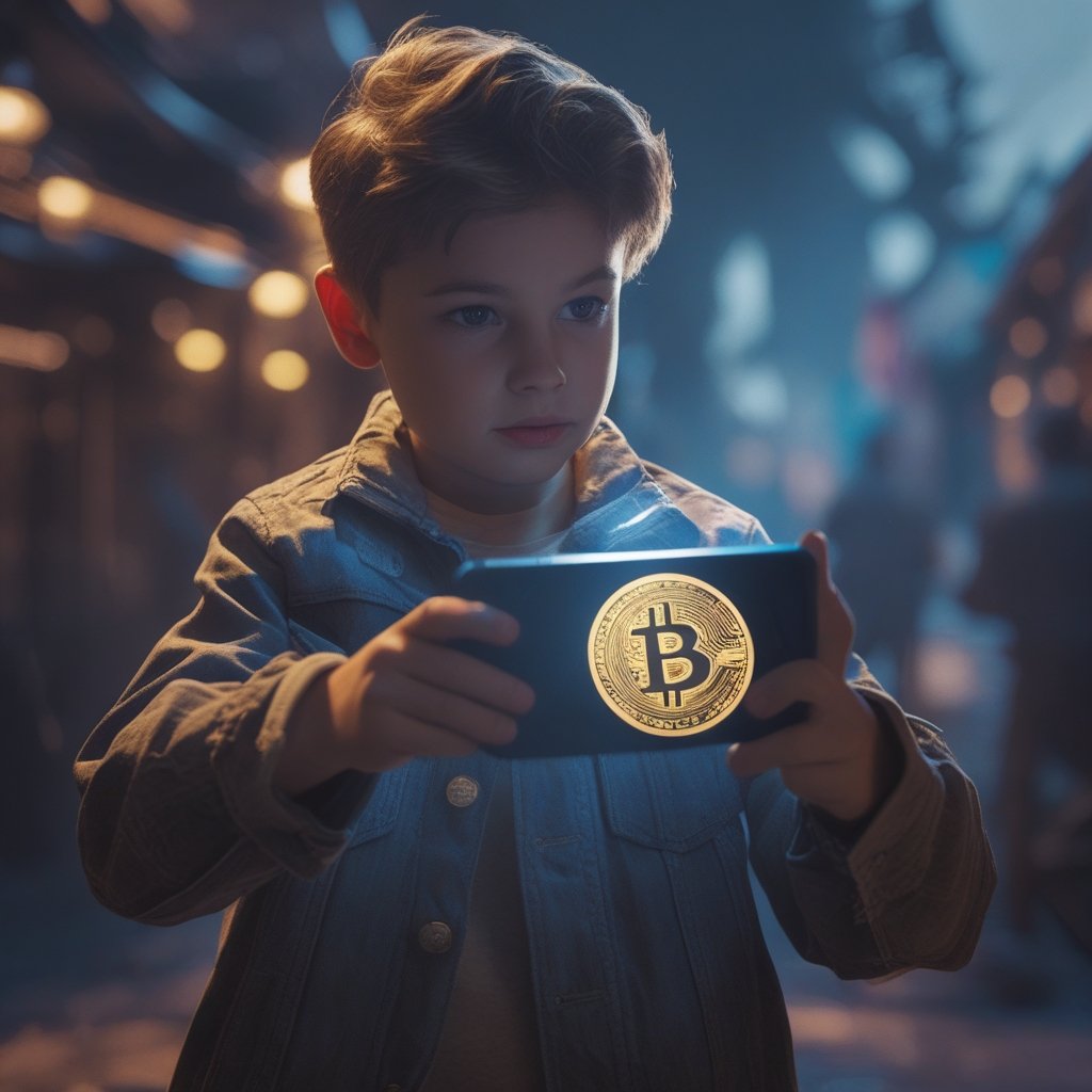 Bitcoin Gen-Z Adoption: A kid holding a Bitcoin phone playing Fortnite