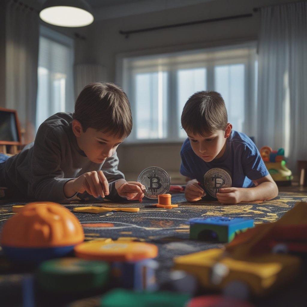 Bitcoin Gen-Z Adoption: Kids playing with toys while Bitcoin watches sadly