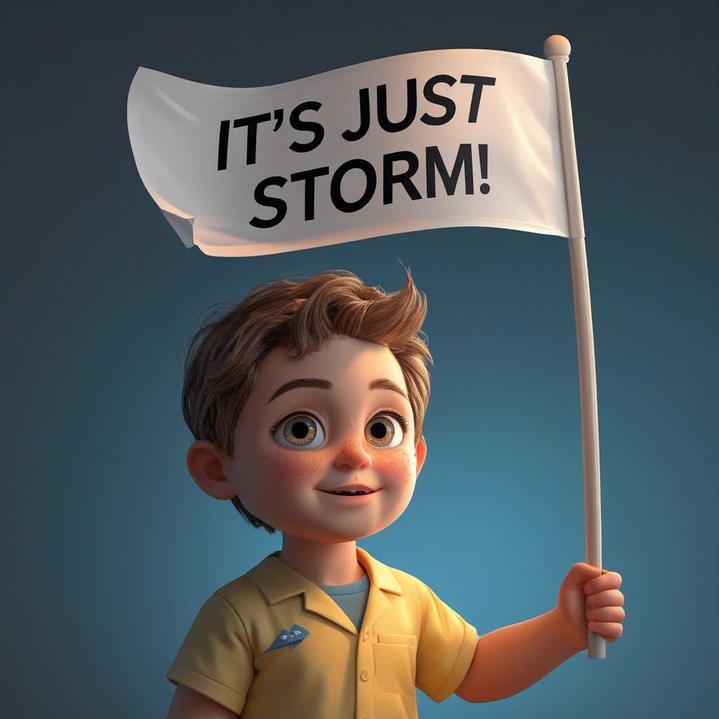 Bitcoin Price Drop: A cartoon child holding a “It’s Just a Storm!” flag