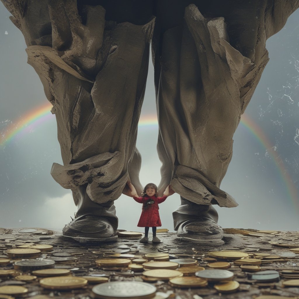 Bitcoin Price Drop: A cartoon family holding hands under a rainbow, finding hidden coins