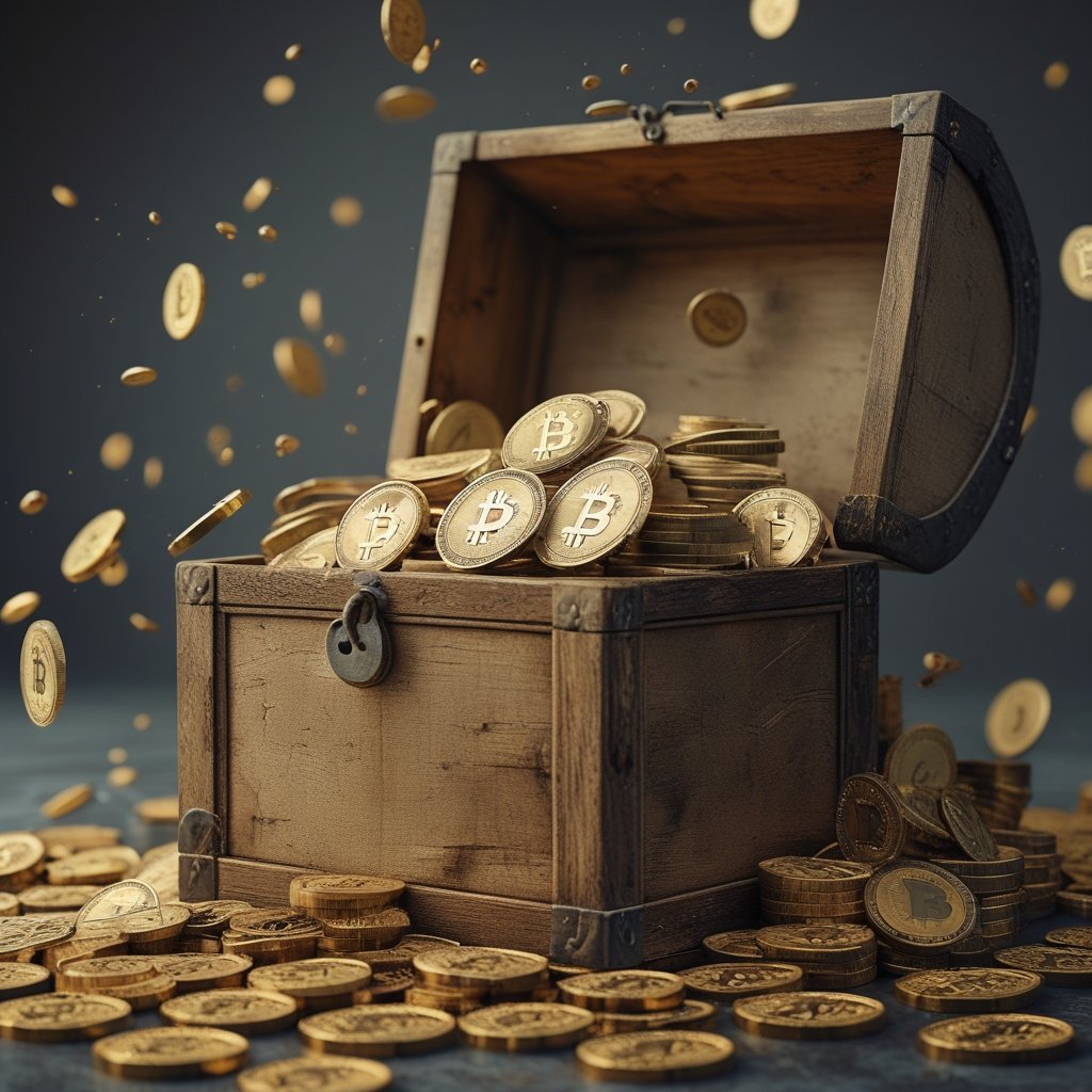 Bitcoin Price Drop: A cartoon of coins moving from a big pile to a safe box