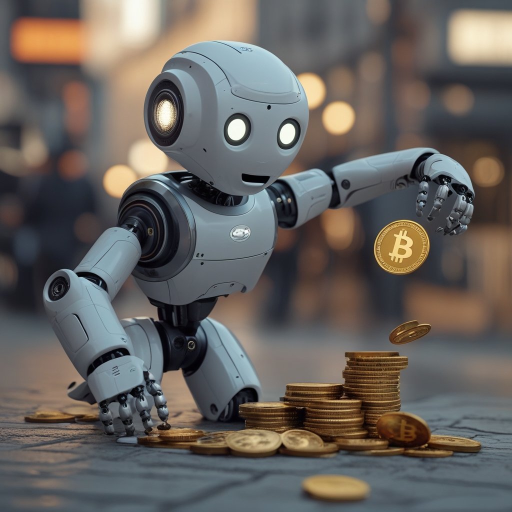 Bitcoin Price Drop: A cartoon robot arm flipping over spilled coins