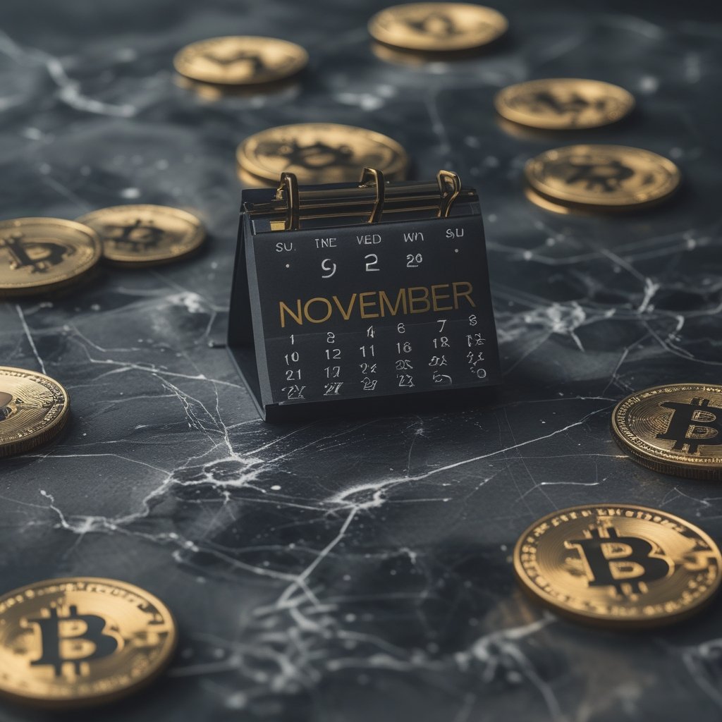 Bitcoin Price Drop: a calendar showing November 2025 with arrows pointing up and down