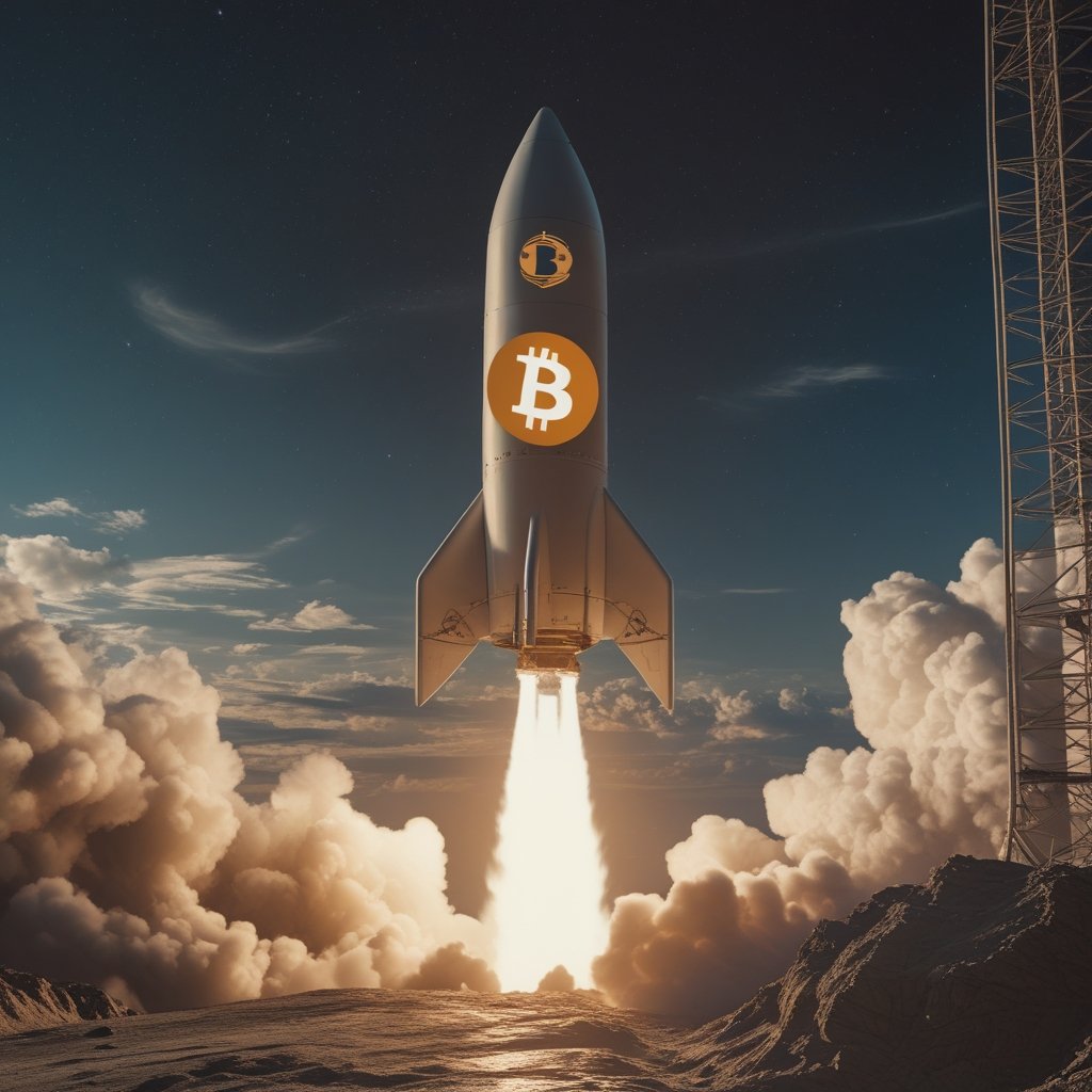 Bitcoin Price Prediction: A rocket shaped like a Bitcoin logo blasting off into space