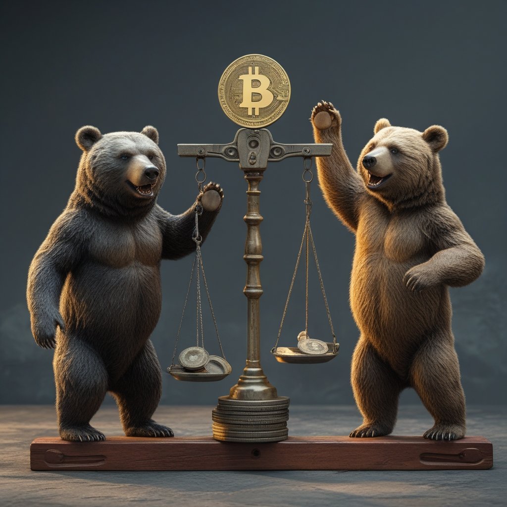 Bitcoin Price Prediction: A seesaw balancing between a sad bear (low price) and a cheering bear (high price)