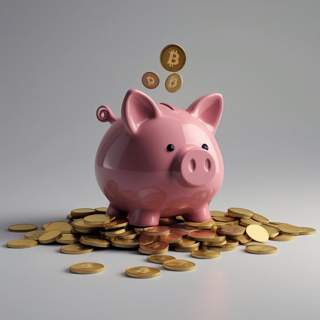 Bitcoin Price Prediction: A simple cartoon of a piggy bank labeled "Bitcoin" with coins falling out
