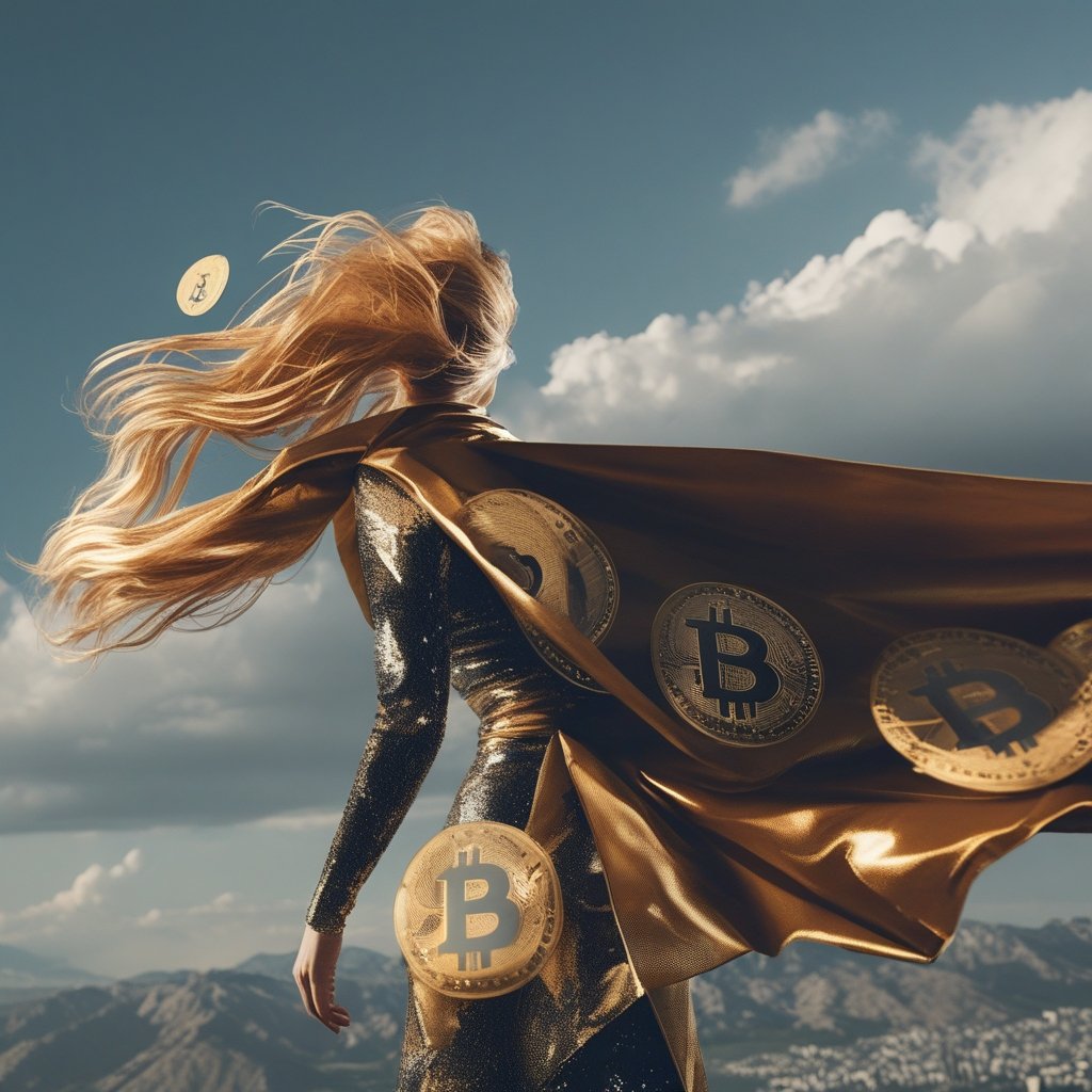 Bitcoin Price Prediction: A superhero cape made of gold and Bitcoin symbols fluttering in the wind