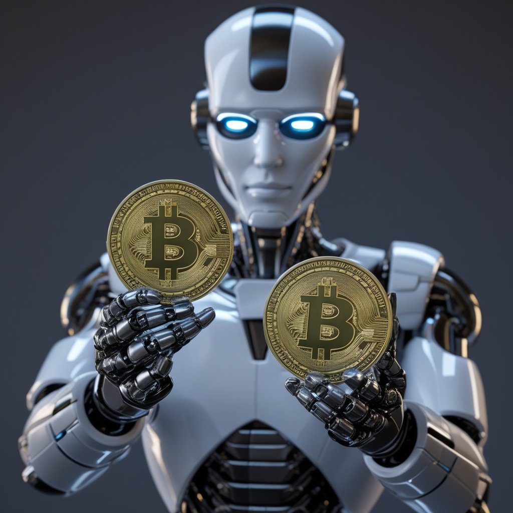 Bitcoin vs Zcash: a robot holding two different coins