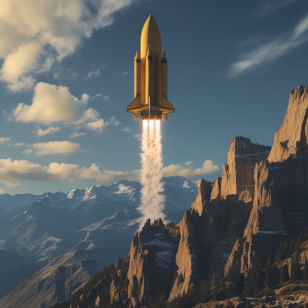 BlackRock Bitcoin ETF: a chart showing a rocket shooting up and then falling down
