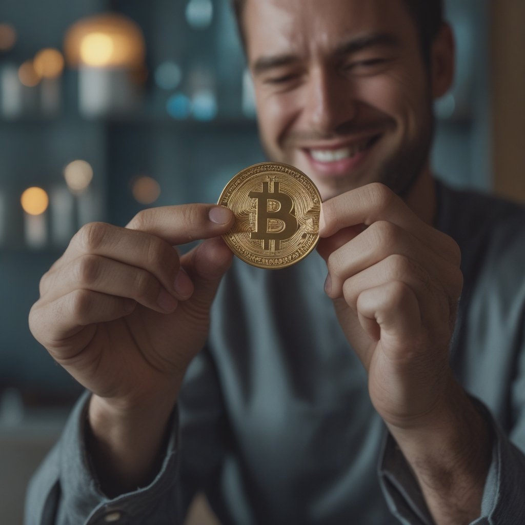 BlackRock Bitcoin ETF: a person holding a coin and smiling, then frowning