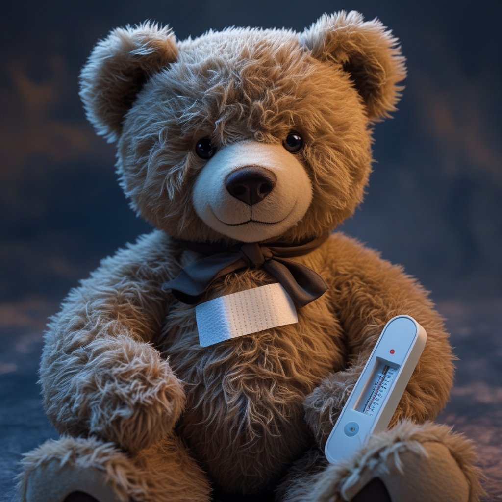 Bounce Zone Broken: A teddy bear holding a bandage and a thermometer