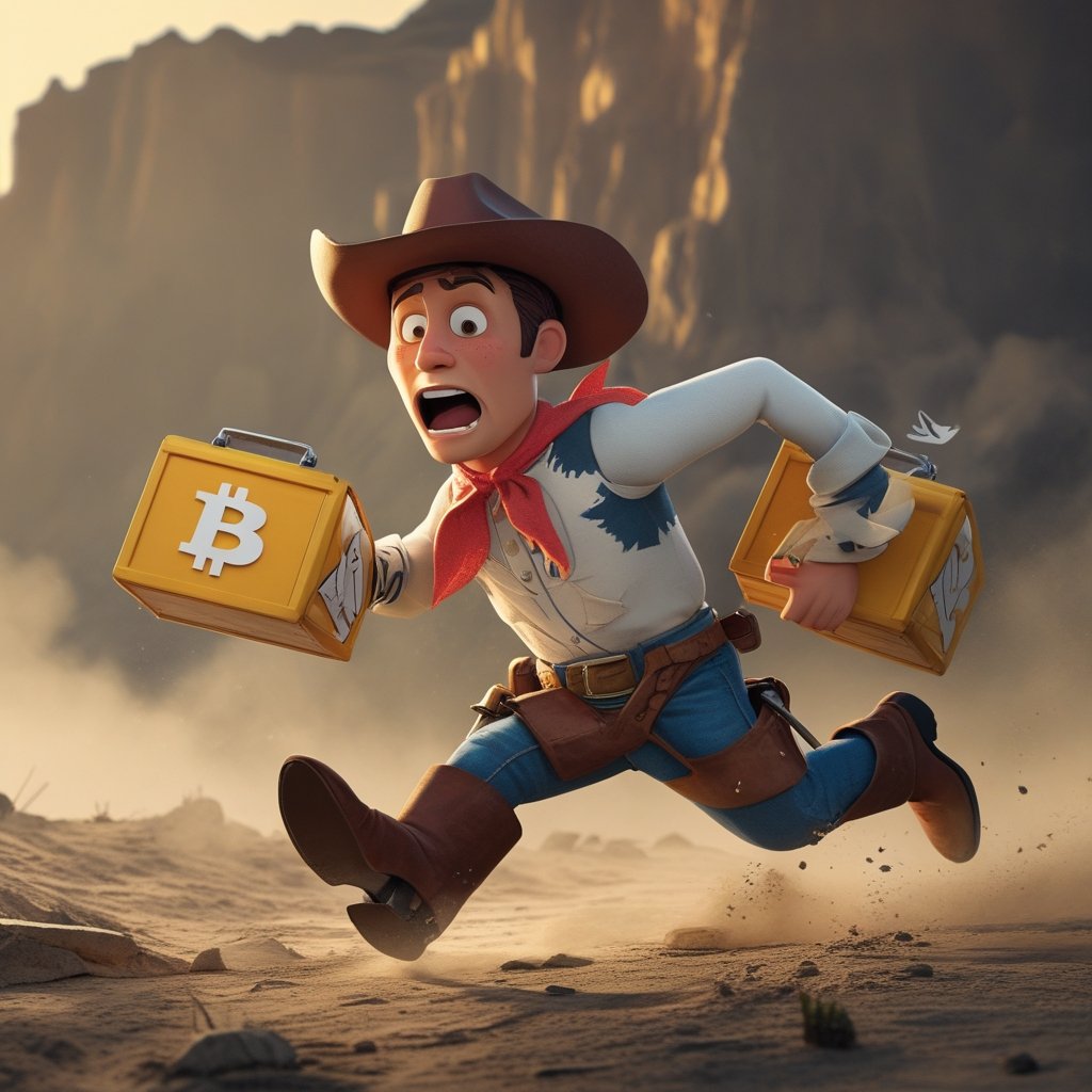 CoinDesk 20 Update: a cartoon cowboy running scared while holding Bitcoin-shaped lunchboxes