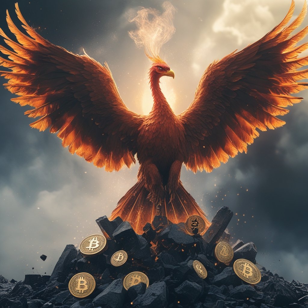 CoinDesk 20 Update: a phoenix rising from ashes with crypto coins as wings