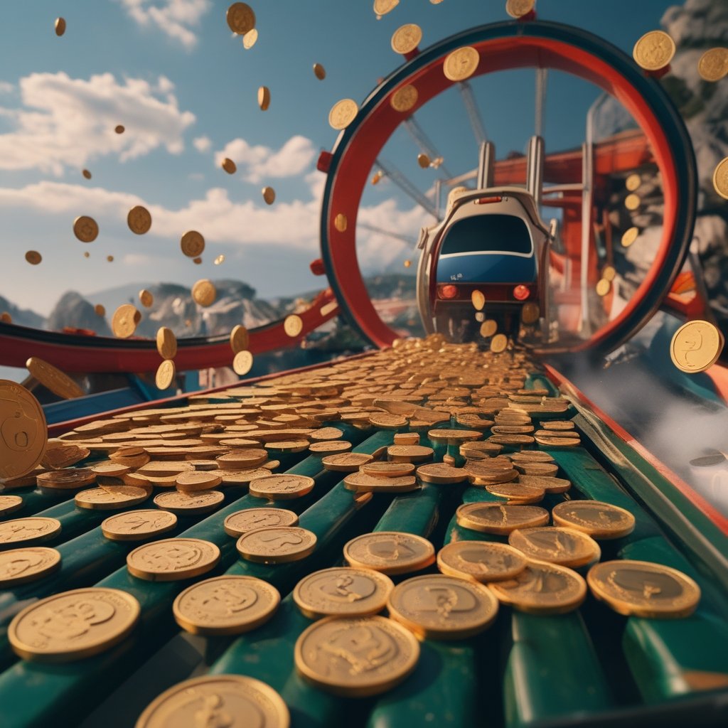 CoinDesk 20 Update: a rollercoaster with cartoon coins falling out
