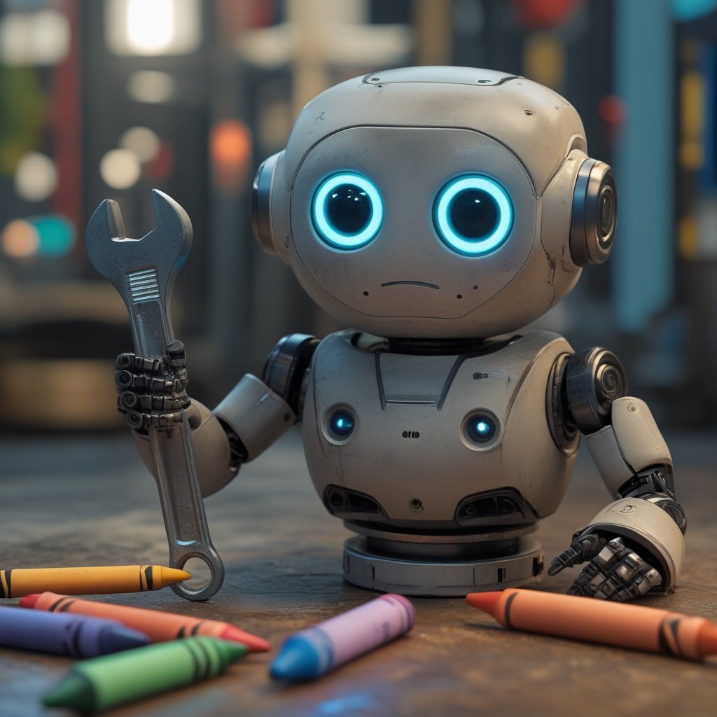 CoinDesk 20 Update: a sad robot holding a wrench next to broken crayons