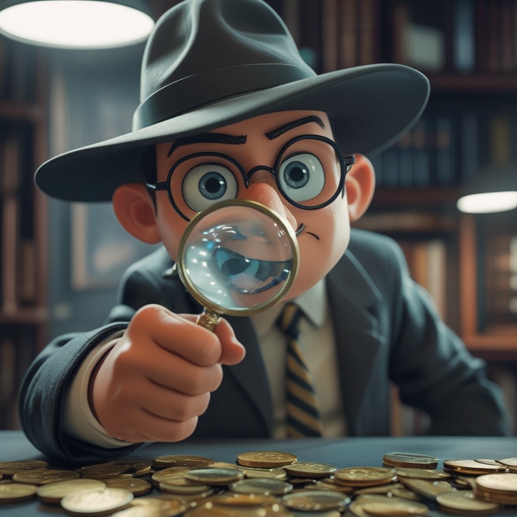 Crypto Fear Index: A cartoon detective holding a magnifying glass over a pile of coins