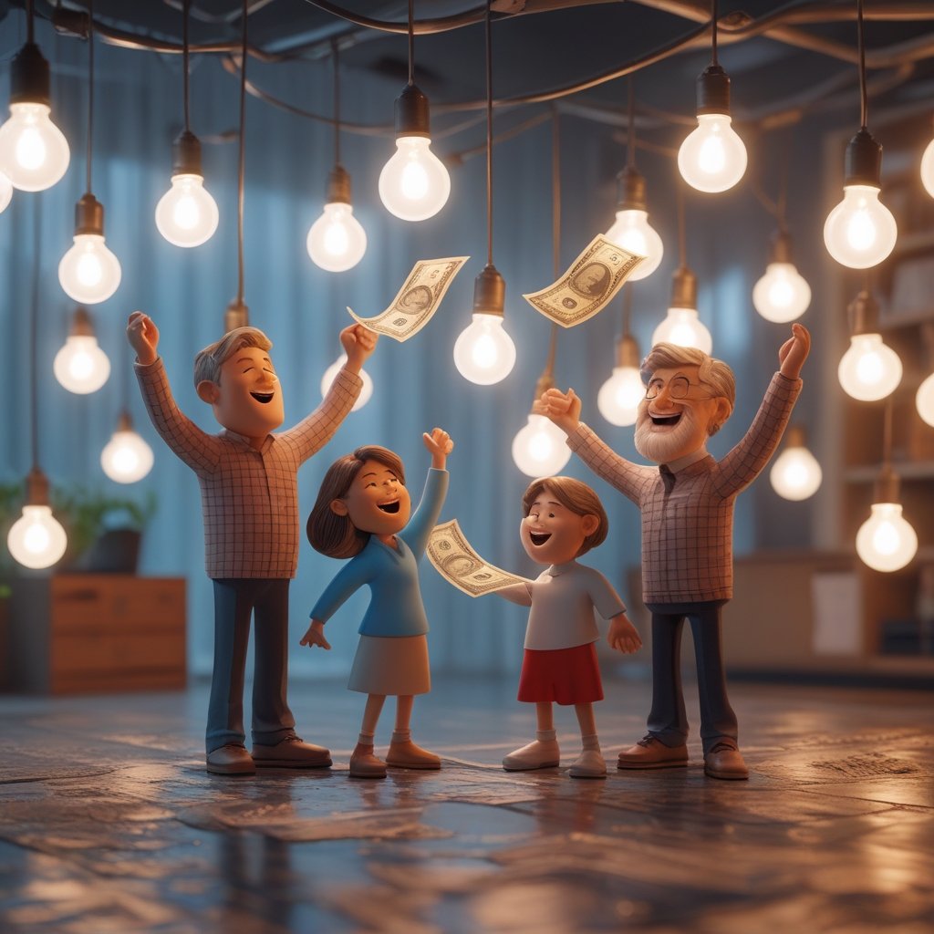 Crypto Fear Index: A cartoon family cheering as money lands safely on lightbulbs