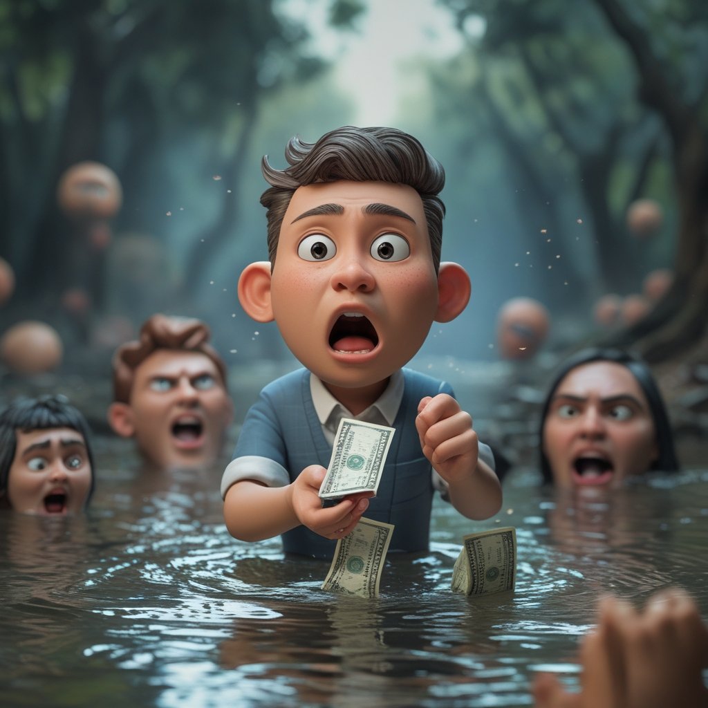Crypto Fear Index: A cartoon person dropping money into a river with angry faces yelling