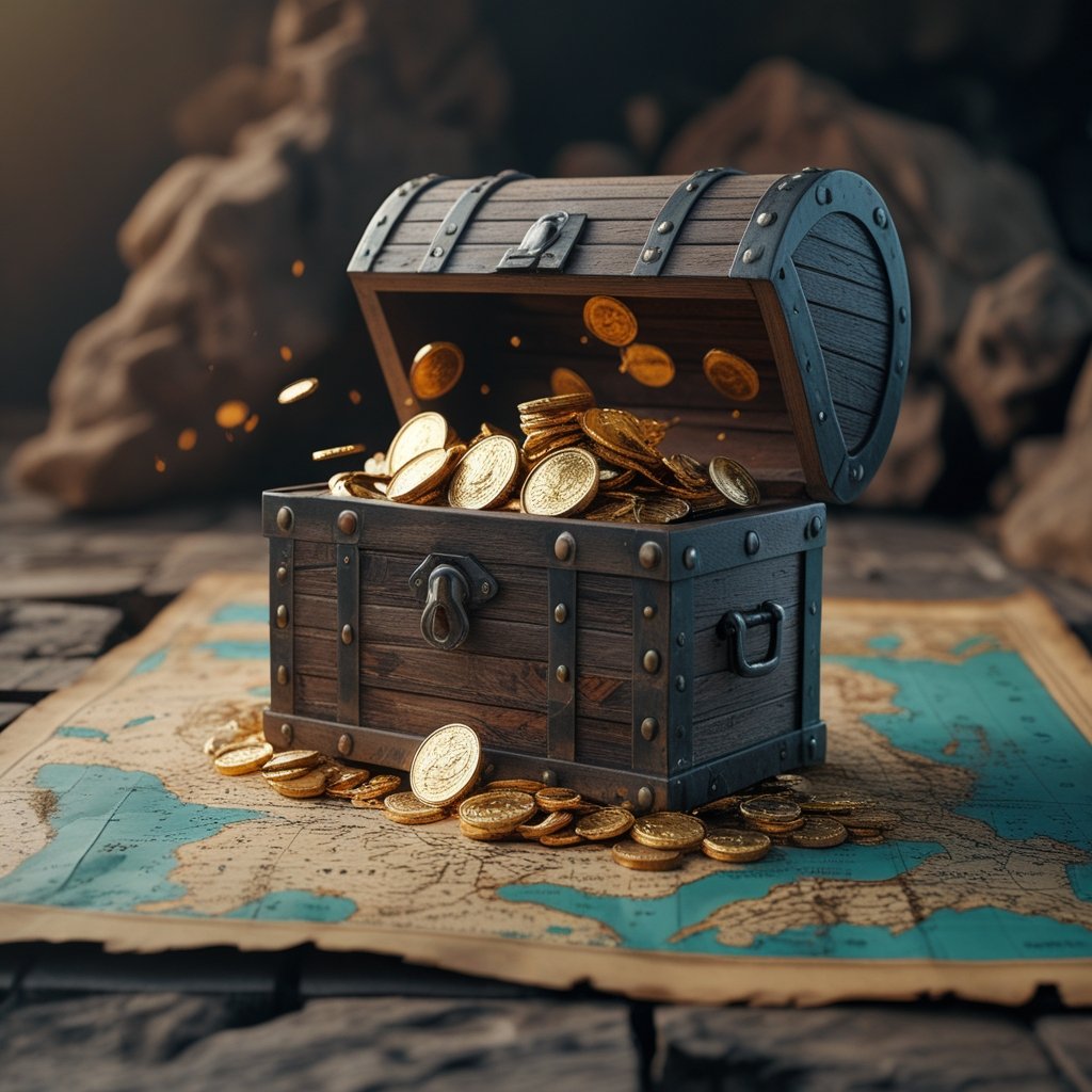 Crypto Presale Fatigue: a treasure chest with coins flying out and a map