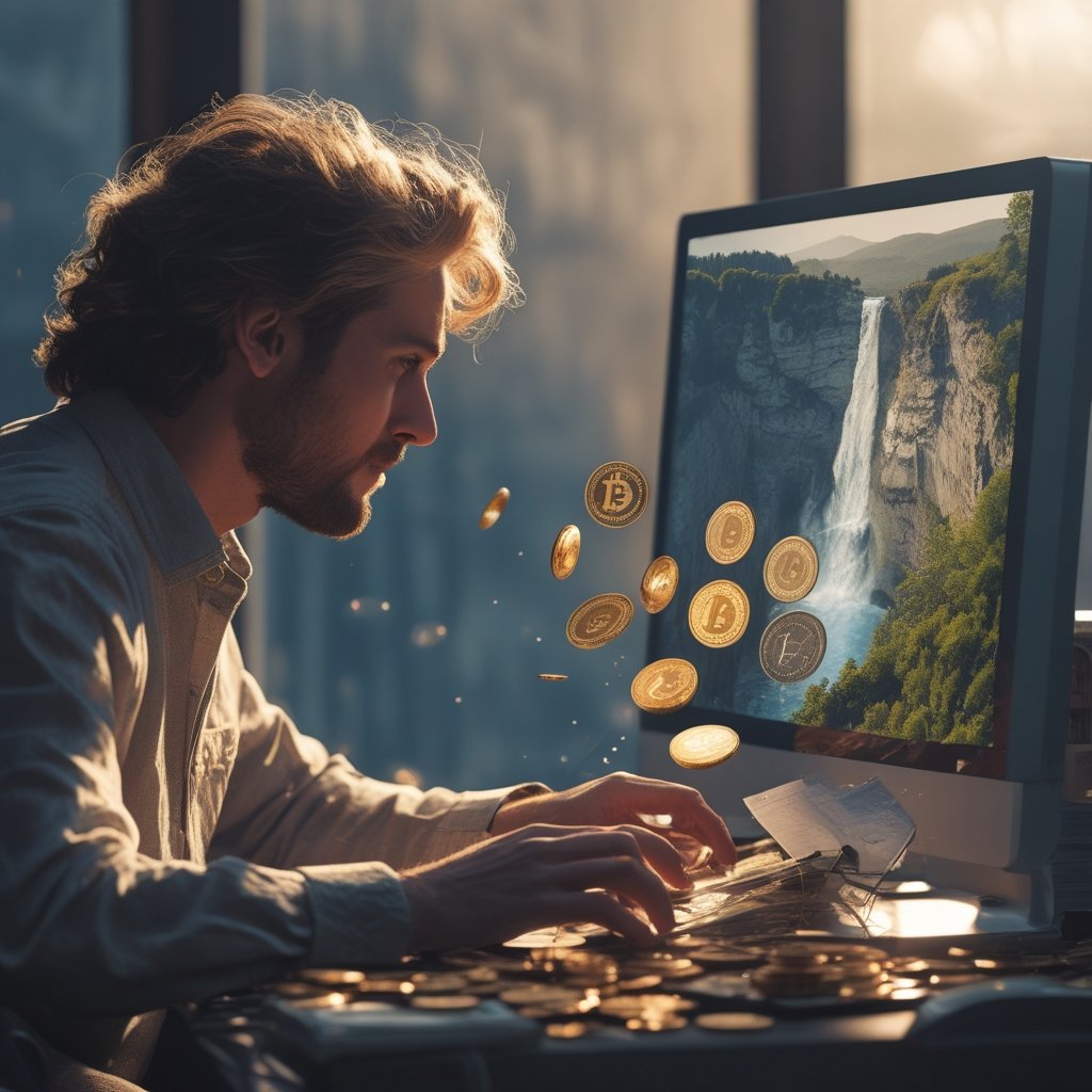 Crypto market crash: A person at a computer with coins falling off a cliff