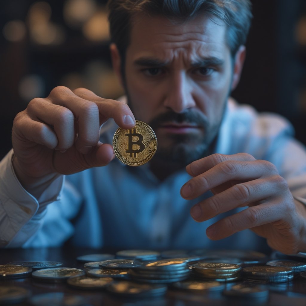 Crypto market crash: A person holding a coin with a worried face