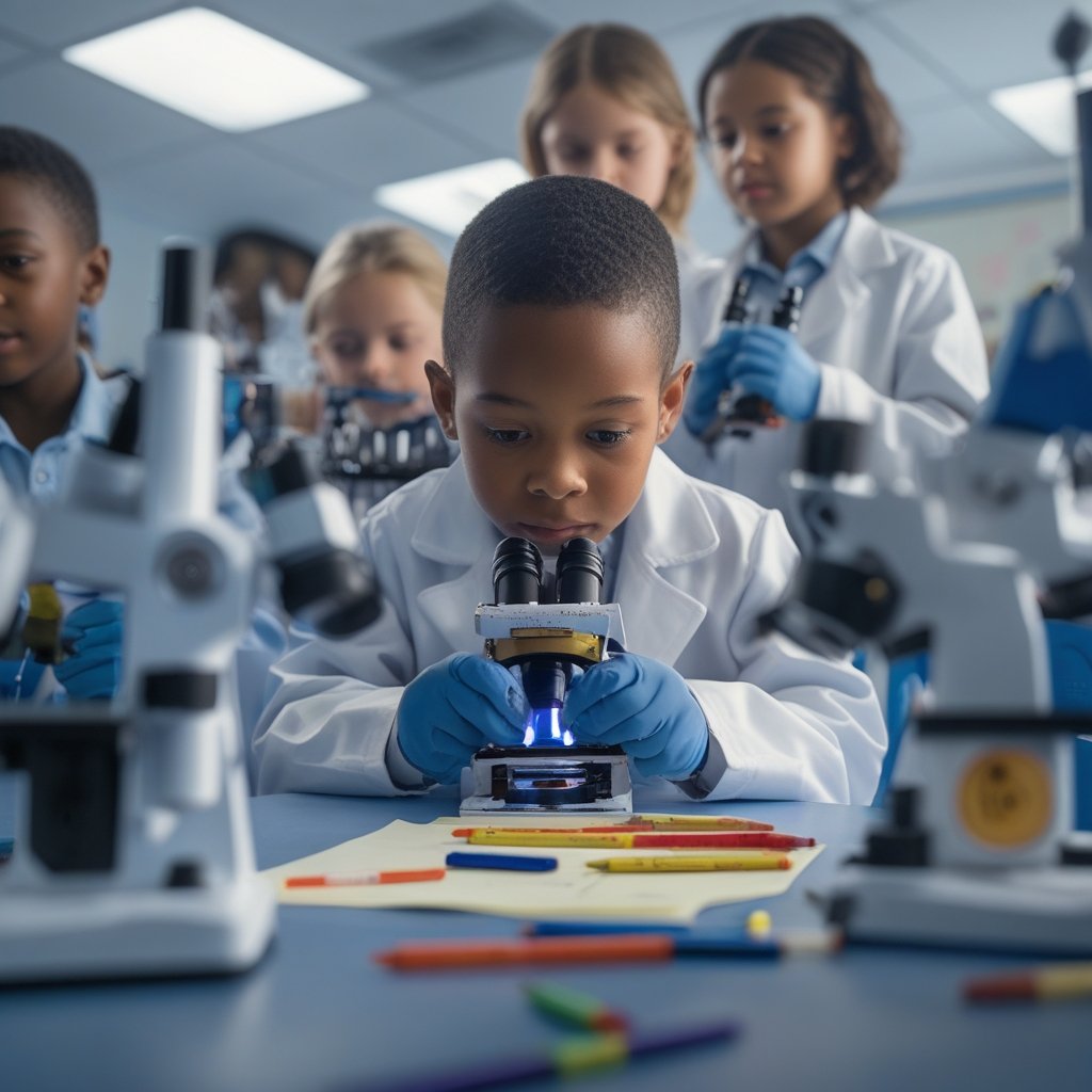 Crypto treasuries blockchain: a 1st-grade classroom with kids in lab coats holding crayon-made microscopes