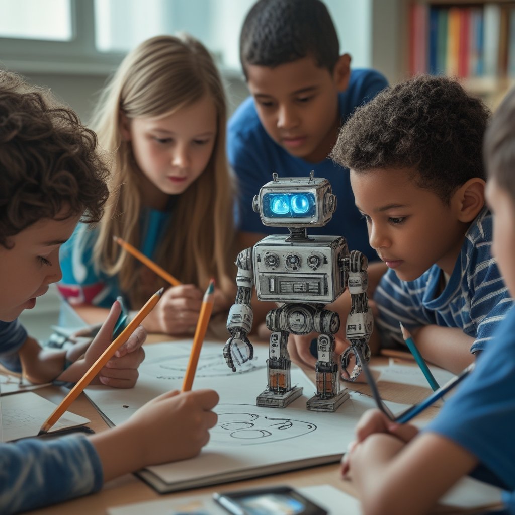 Crypto treasuries blockchain: a group of kids with different colored pencils drawing a science robot together