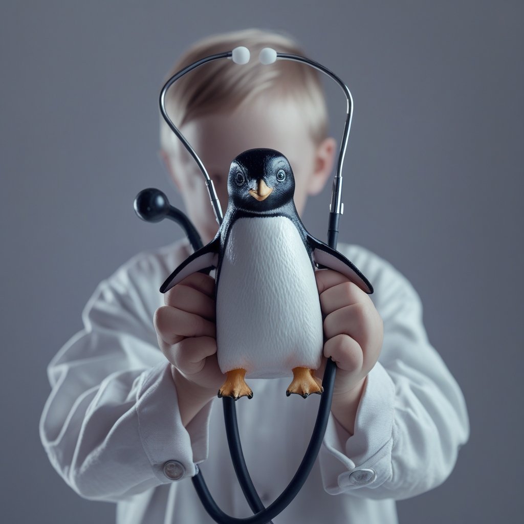 Crypto treasuries blockchain: a kid holding a toy penguin with a stethoscope