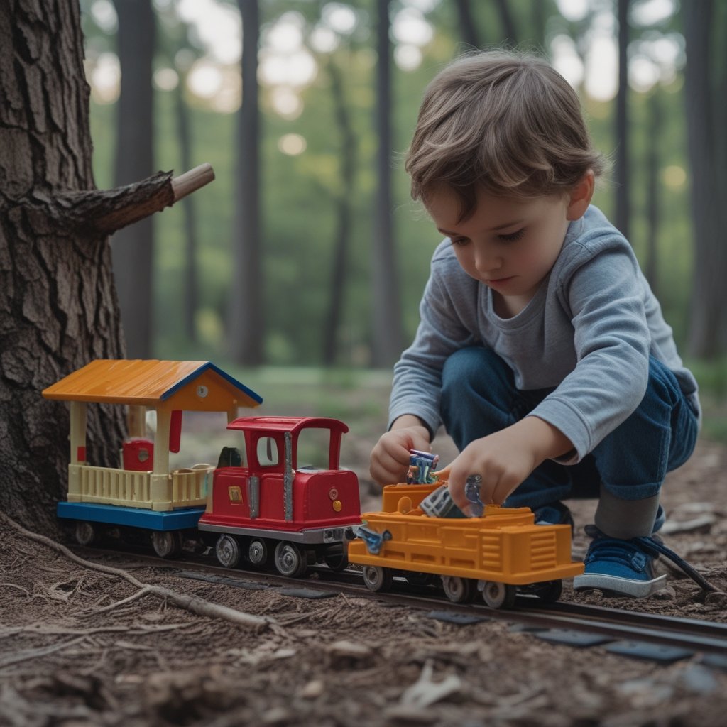 Crypto treasuries blockchain: a kid using a toy train to pull toy tools to build a treehouse