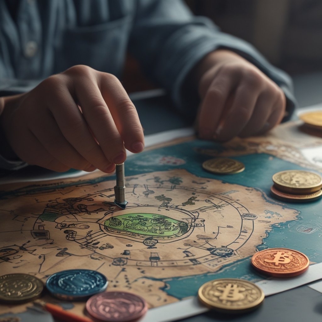 Crypto treasuries blockchain: a kids' version of a blockchain using a treasure map and coins on a table