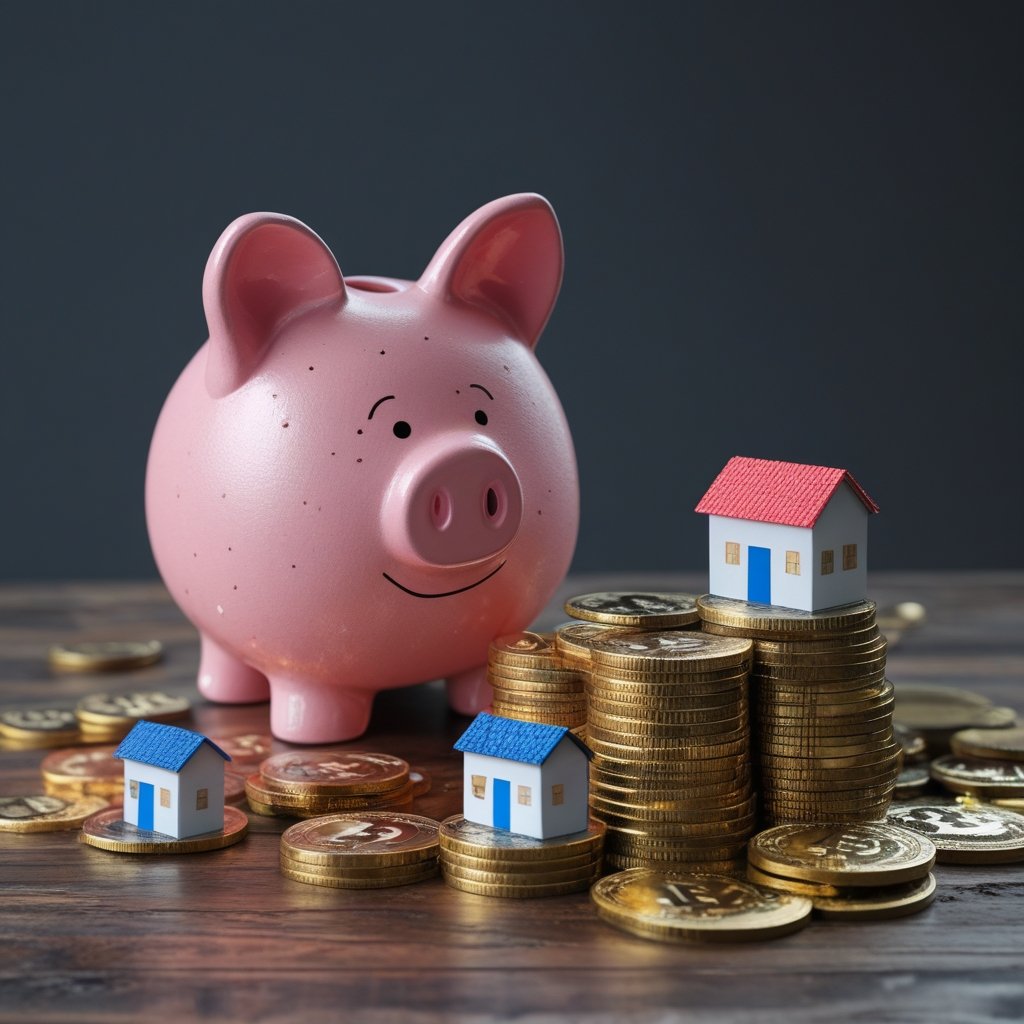 DATs: a simple drawing of a piggy bank with houses and Bitcoin coins spilling out