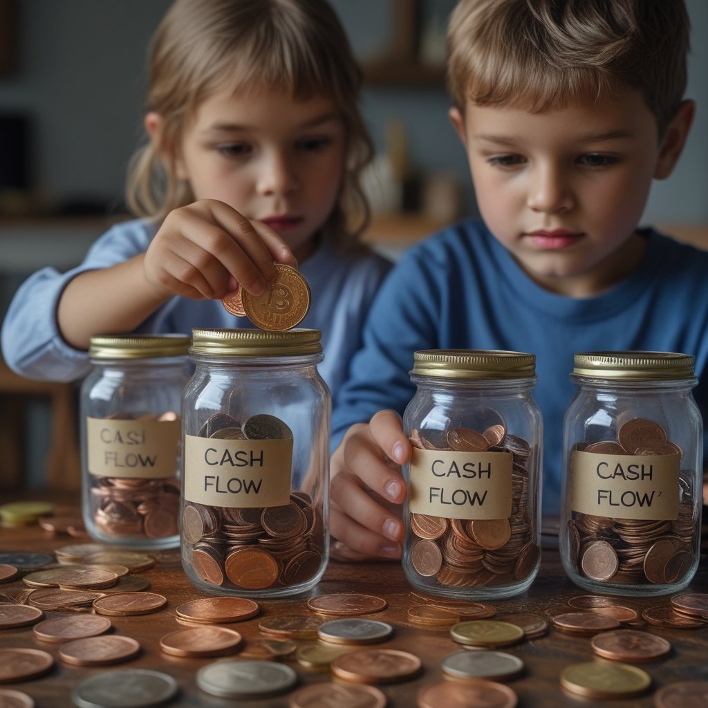 DATs: kids counting coins in jars labeled ‘Cash Flow’