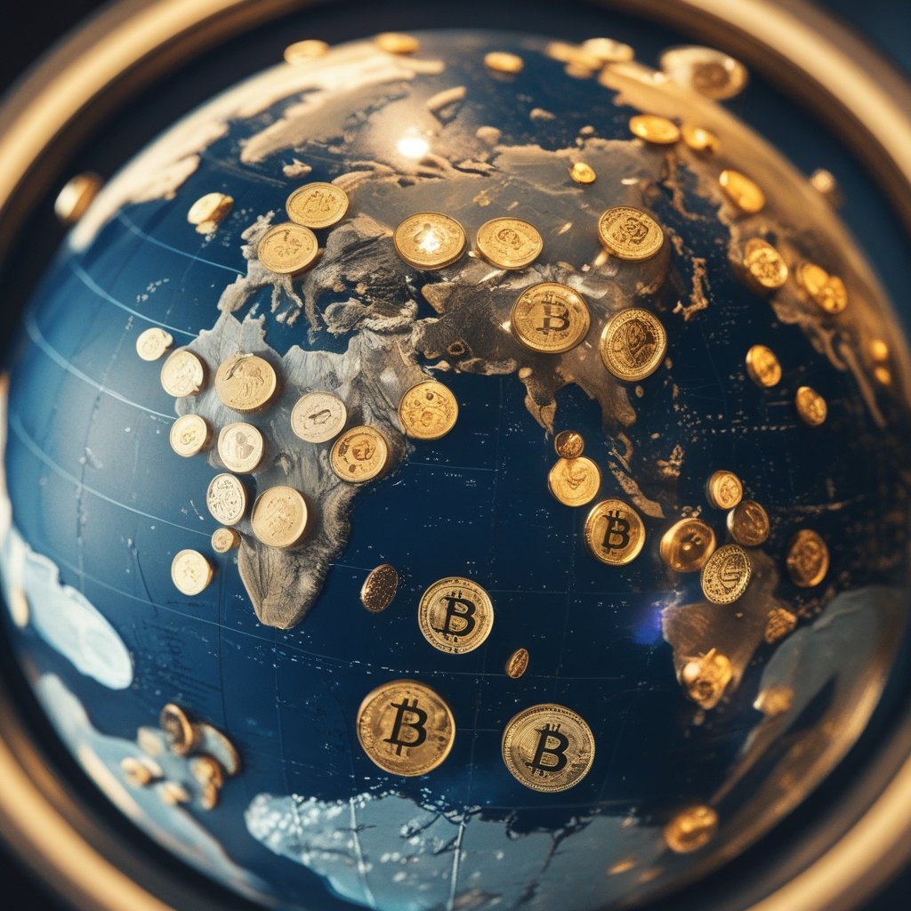 Dogecoin ETF News: a globe with coins flying between countries