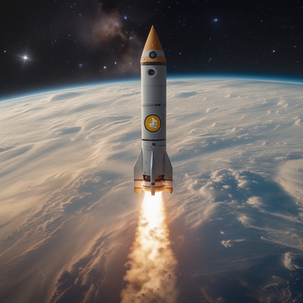 Dogecoin ETF News: a rocket shooting into space with a Dogecoin logo