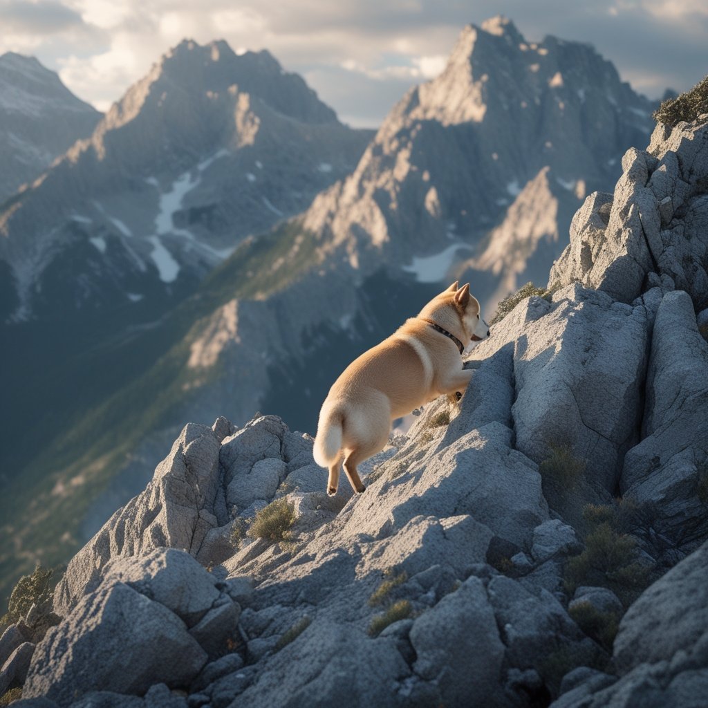 A doggo climbing a mountain, symbolizing crypto volatility