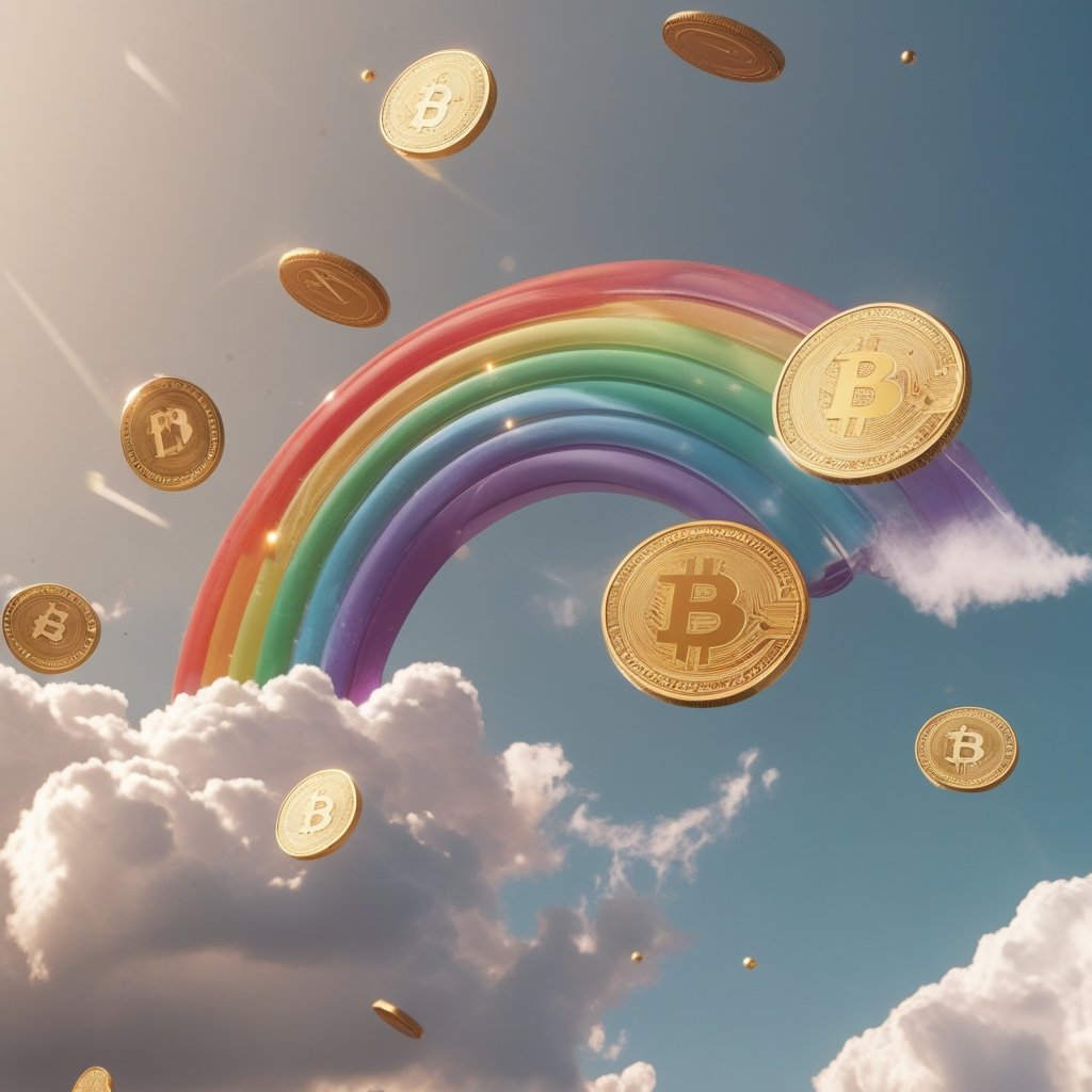 EV2 cryptocurrency: a simple description of a rainbow and digital coins flying