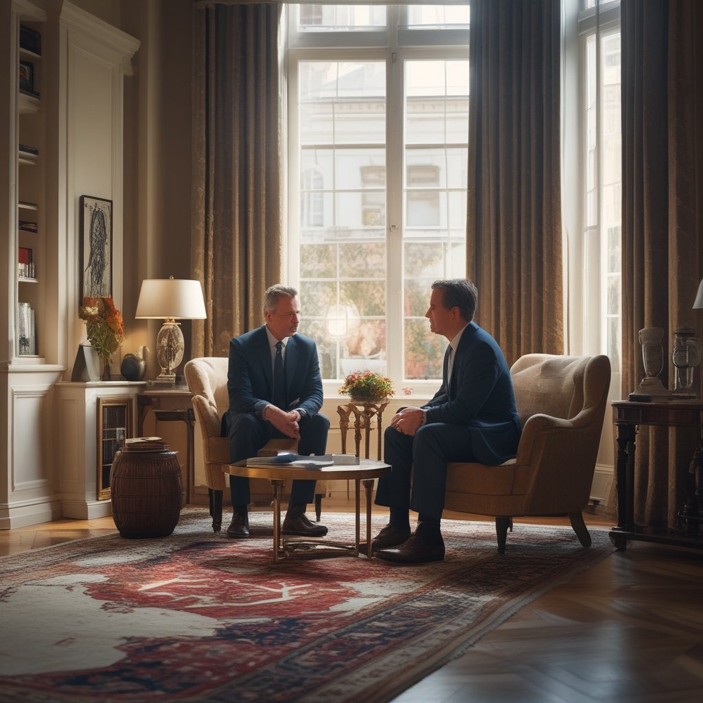 Epstein Bitcoin Discussions: A fancy living room with two men talking near a big window